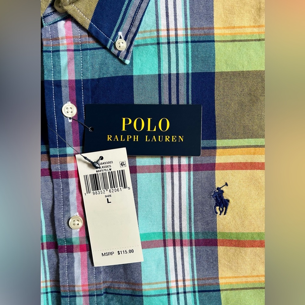 Polo Ralph Lauren Classic Fit Plaid Oxford Shirt - L - Navy/Yellow - NWT
